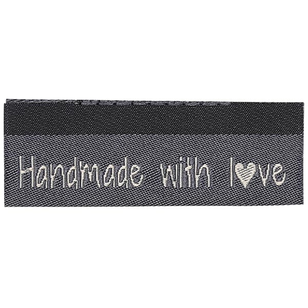 Go Handmade Vævet Label, Dobbeltsidet, Handmade with love, 50 x 11,5 mm, 10 stk Grå