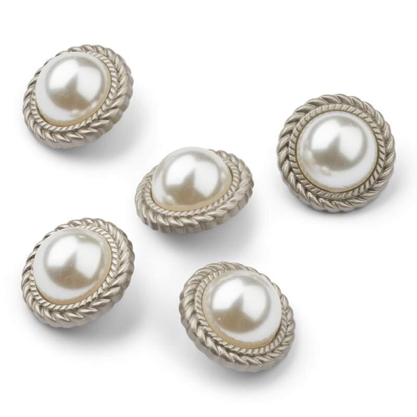 HobbyArts Pearl Buttons, White/Silver, 21 mm, 5 pcs