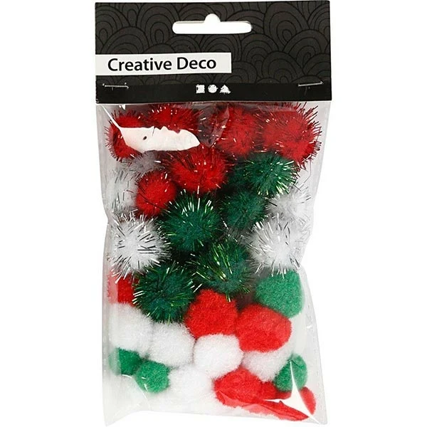 Pomponer, 15 + 20mm, 48stk, ass. farver Grøn  Hvid  Rød