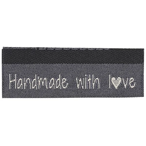 Go Handmade Vævet Label, Dobbeltsidet, Handmade with love, 50 x 11,5 mm, 10 stk Grå