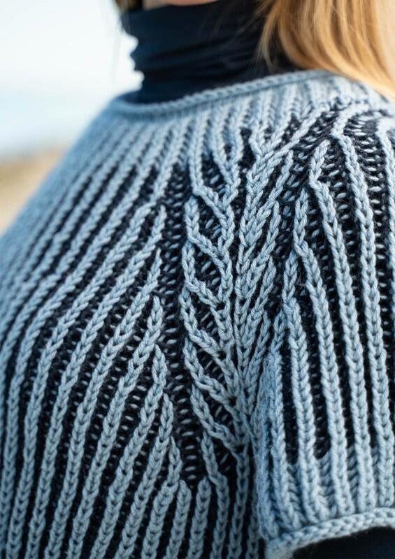 1818 Blouse in two-colored fisherman’s rib in Mayflower Cotton Merino Classic.