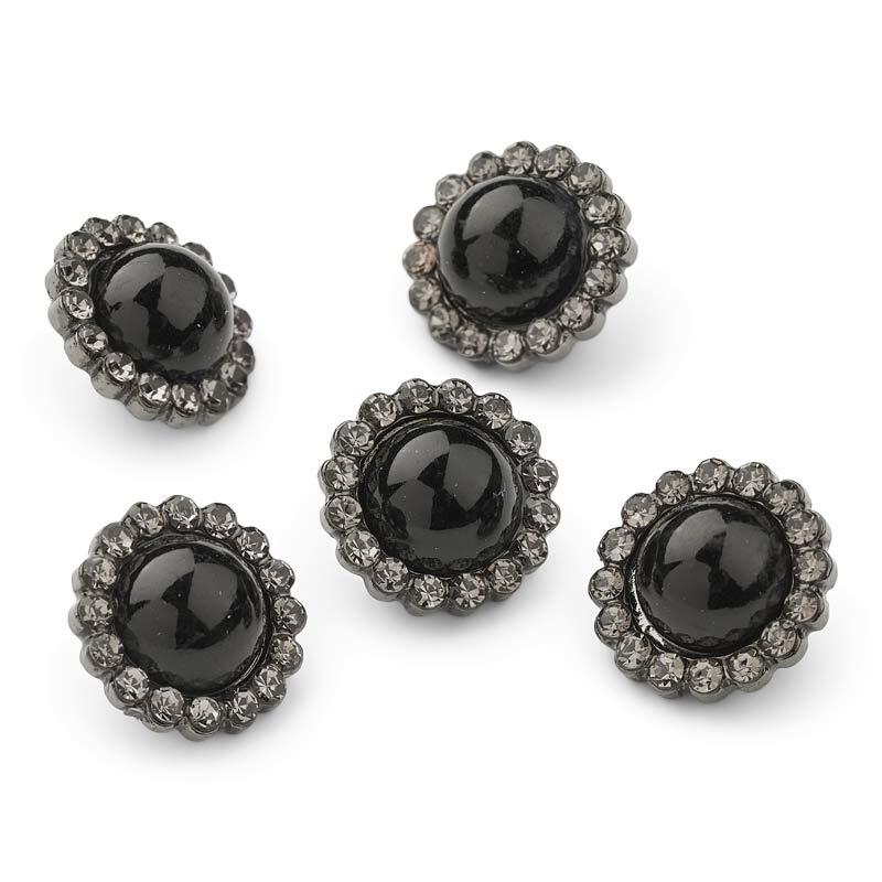HobbyArts Rhinestone/Pearl Buttons, Black, 12 mm, 5 pcs