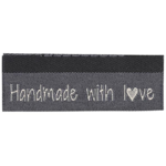 Go Handmade Vævet Label, Dobbeltsidet, Handmade with love, 50 x 11,5 mm, 10 stk Grå